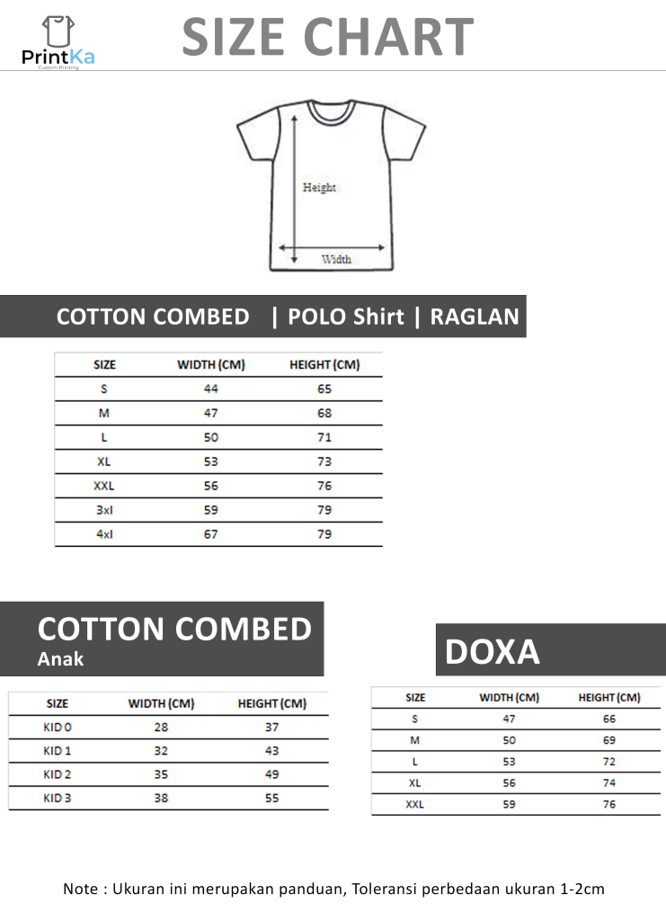 size chart ukuran kaos printka